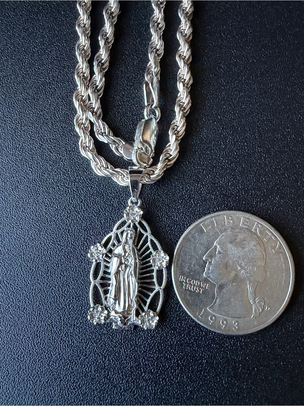 Silver Virgin Mary Pendant Necklace - Religious Men’s/Women's Jewelry rope chain